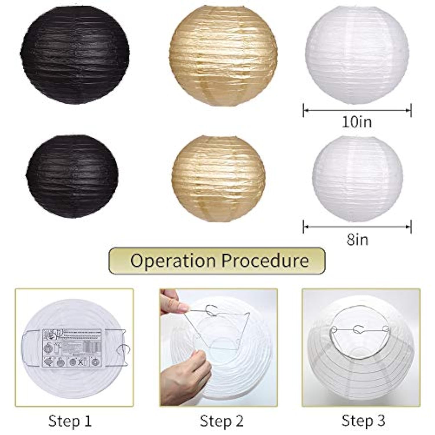 Black Gold Party Decorations, Black Gold Paper Lanterns And Pom Poms Flowers For Birthday Party Graduation Masquerade New Years Party Decor 15Pcs