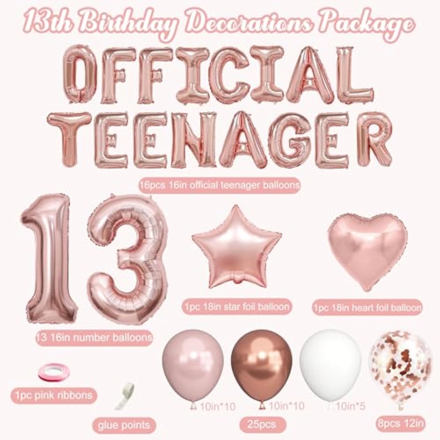 13th Birthday Party Decorations for Girls Rose Gold Balloons Banner Cake Topper