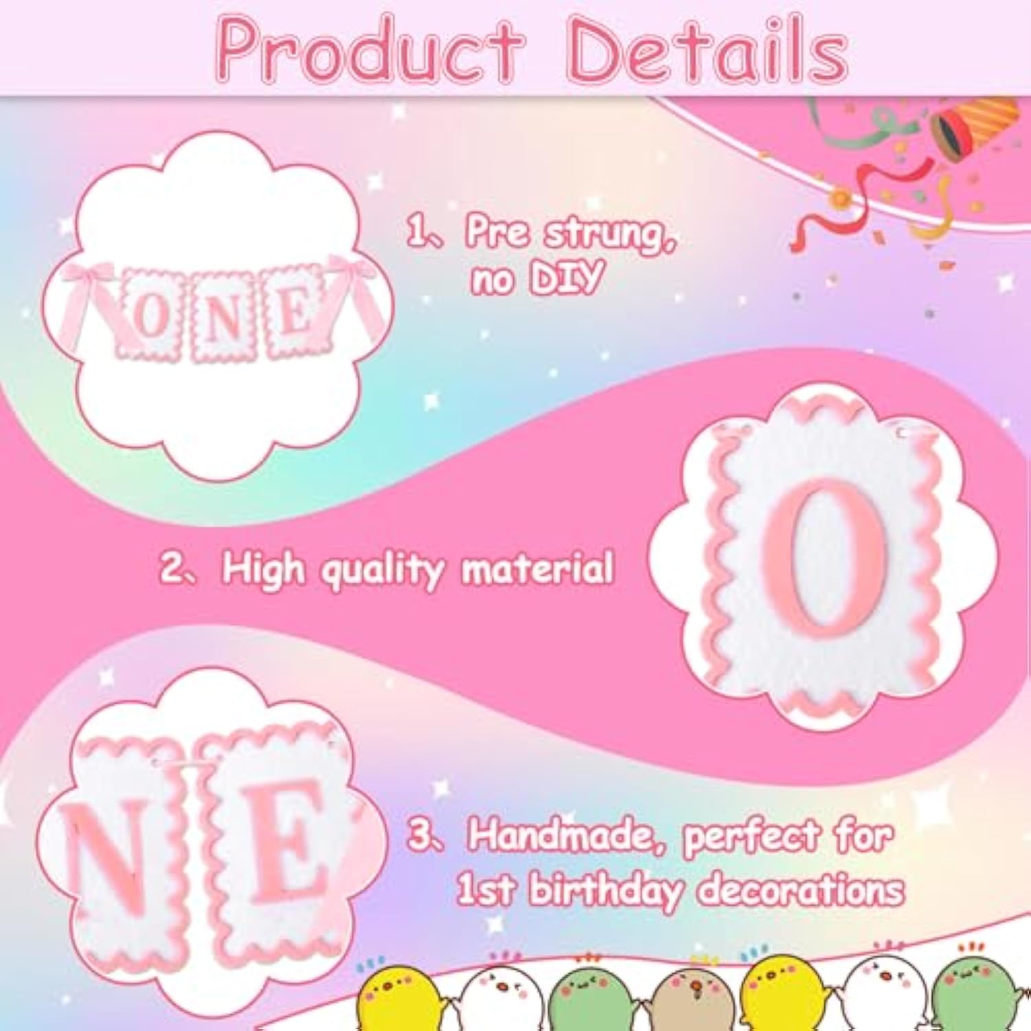 Bow Highchair Banner For 1St Girls Birthday Decoration, Pink And White One Birthday Banner For Party Decor Photo Props(Pre-Strung)