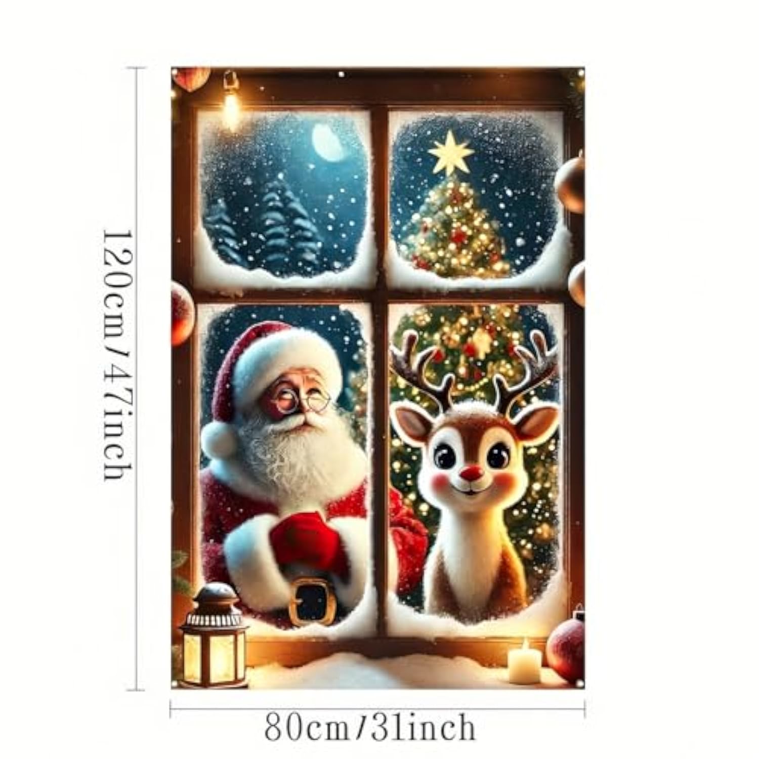 Merry Christmas Window Decorations – Cute Santa Claus And Reindeer With Snowflakes, Xmas Window Cover Banner Backdrop For Indoor Outdoor Holiday Party, Winter Home Decor, Christmas Poster 47×31 Inch