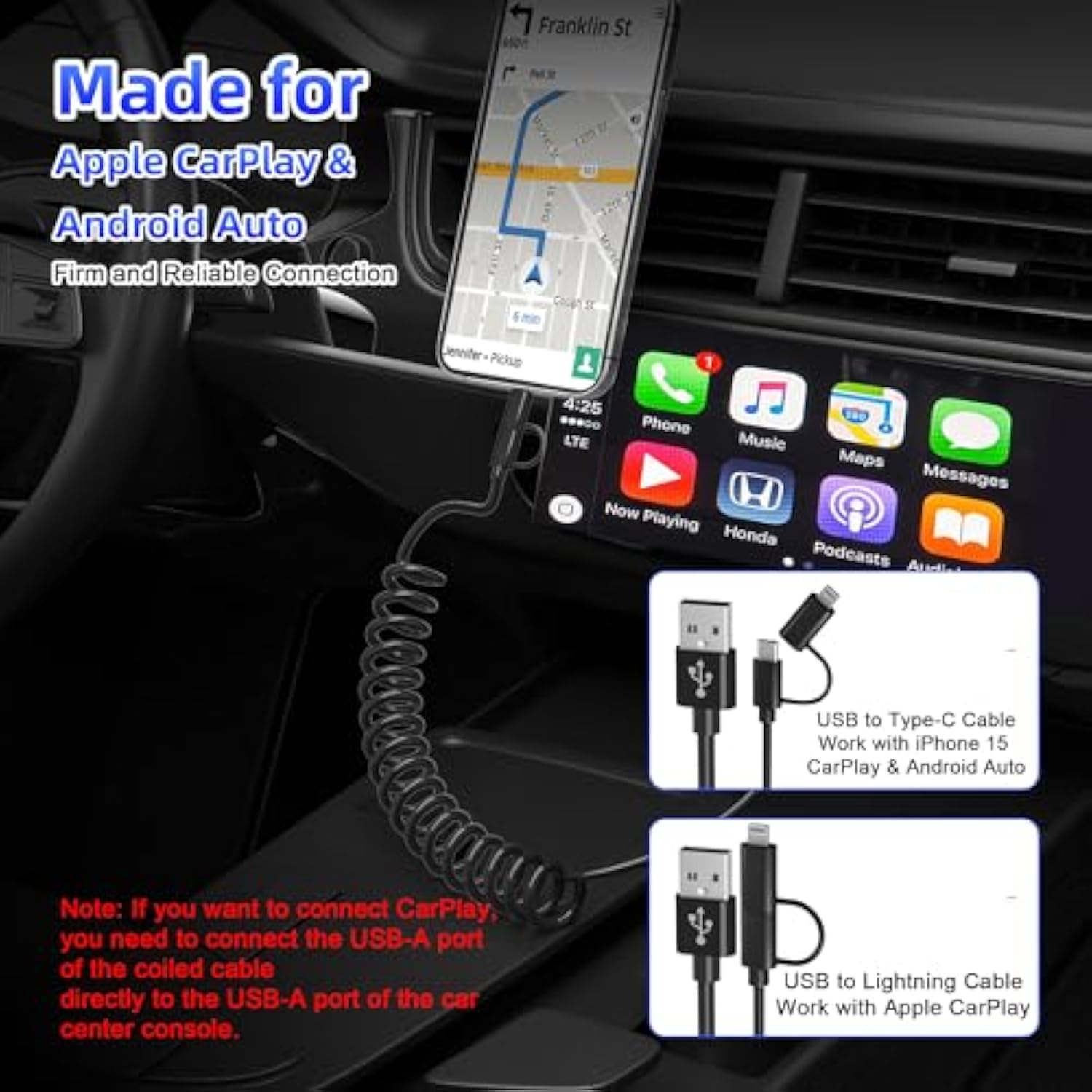 Usb To Usb-C And Lightning Cable Combo 2 In 1 Coiled Cable Apple Carplay & Android Auto Compatible [Mfi & 3A Fast Charge & Data Sync] Coiled Lightning And Usb C Cable For Iphone 16/15/14/13/12/Android