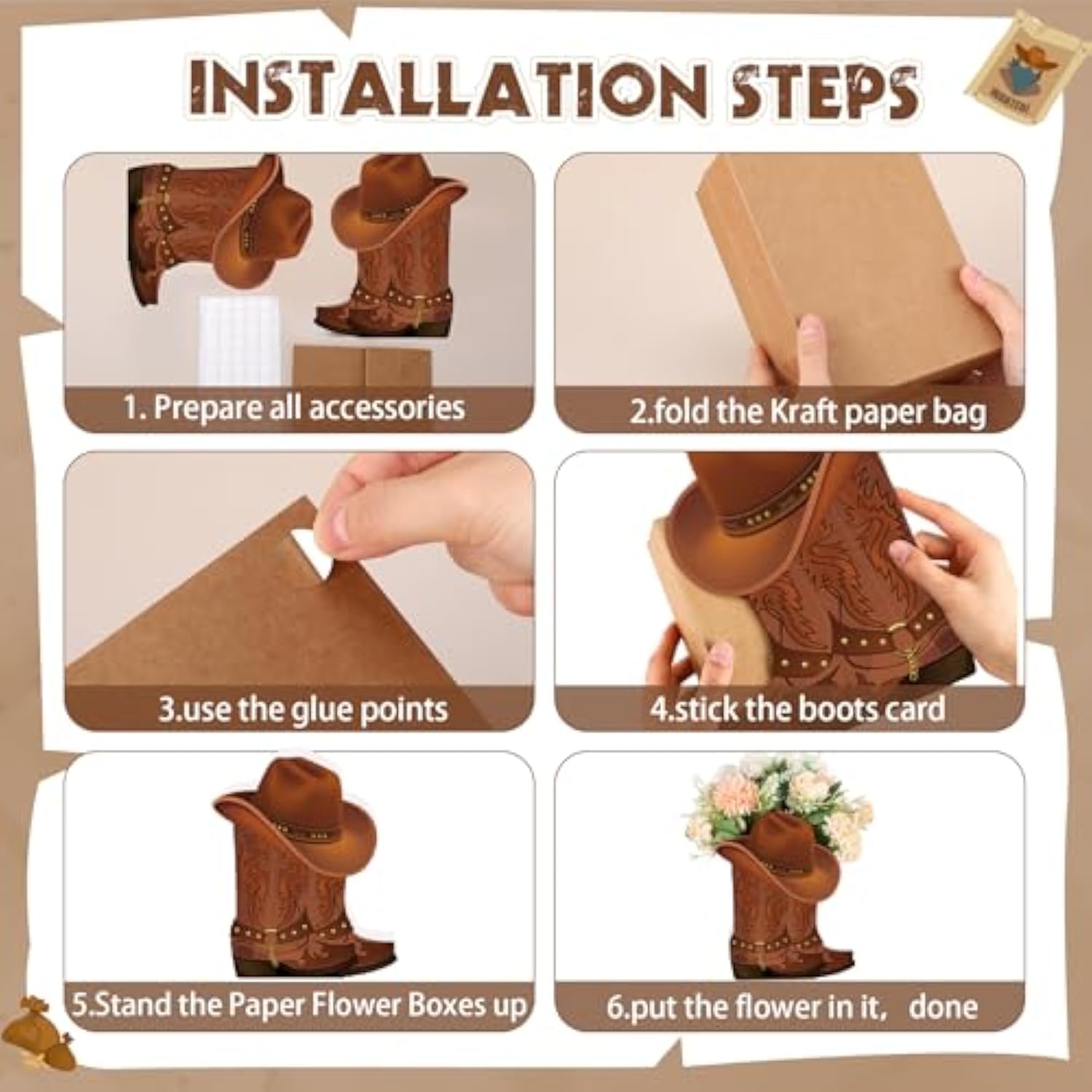 8 Set Western Cowboy Boots Flower Boxes Centerpiece Boot Shape Box Decorations Western Theme Party Boot Gift For Cowboy Cowgirl Birthday Party Baby Shower Wedding Supplies(Brown,Classic)