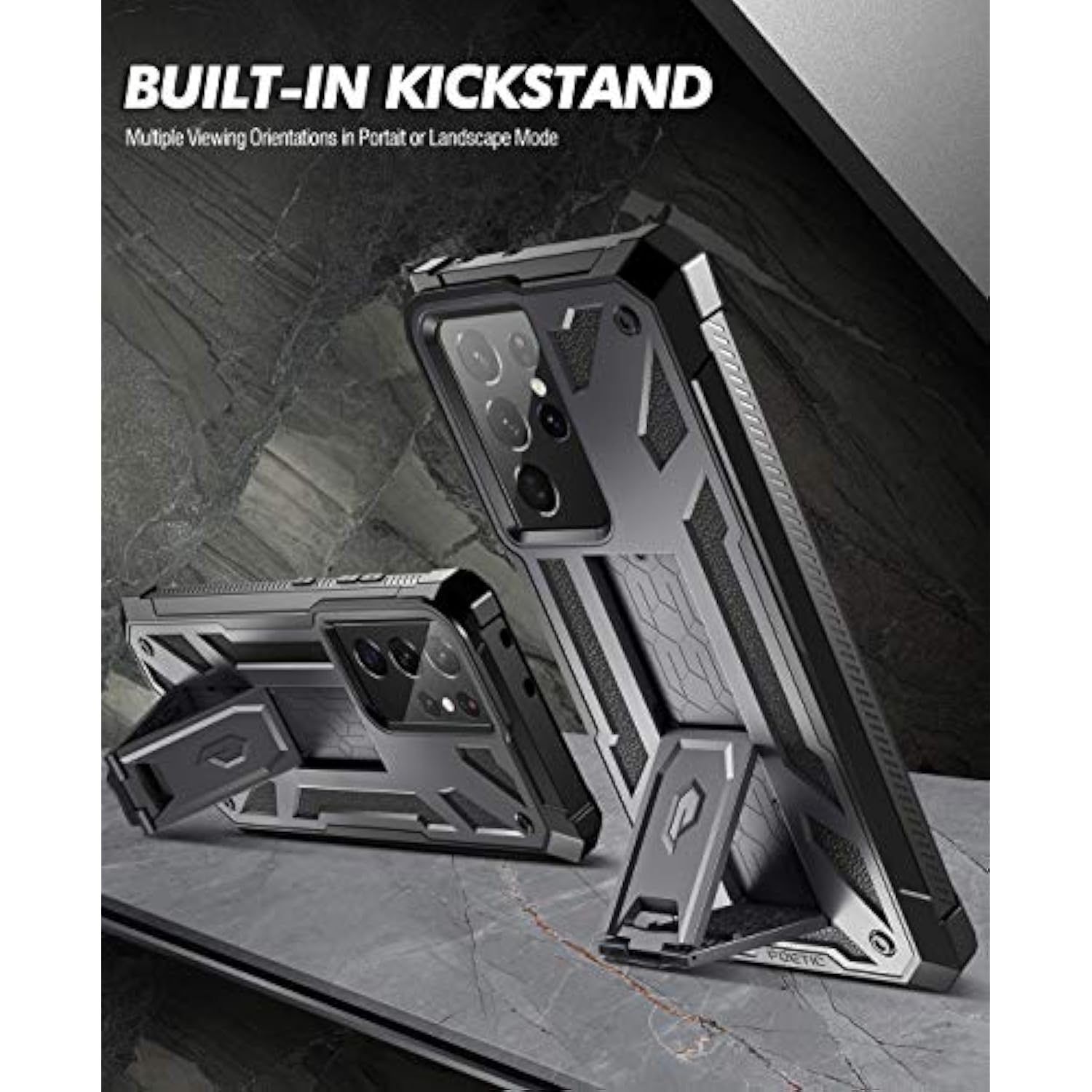 Spartan Case For Galaxy S21 Ultra 5G, 6.8" Screen Protector, Fingerprint Id, Rugged Shockproof Cover, Kickstand, Metallic Gun Metal