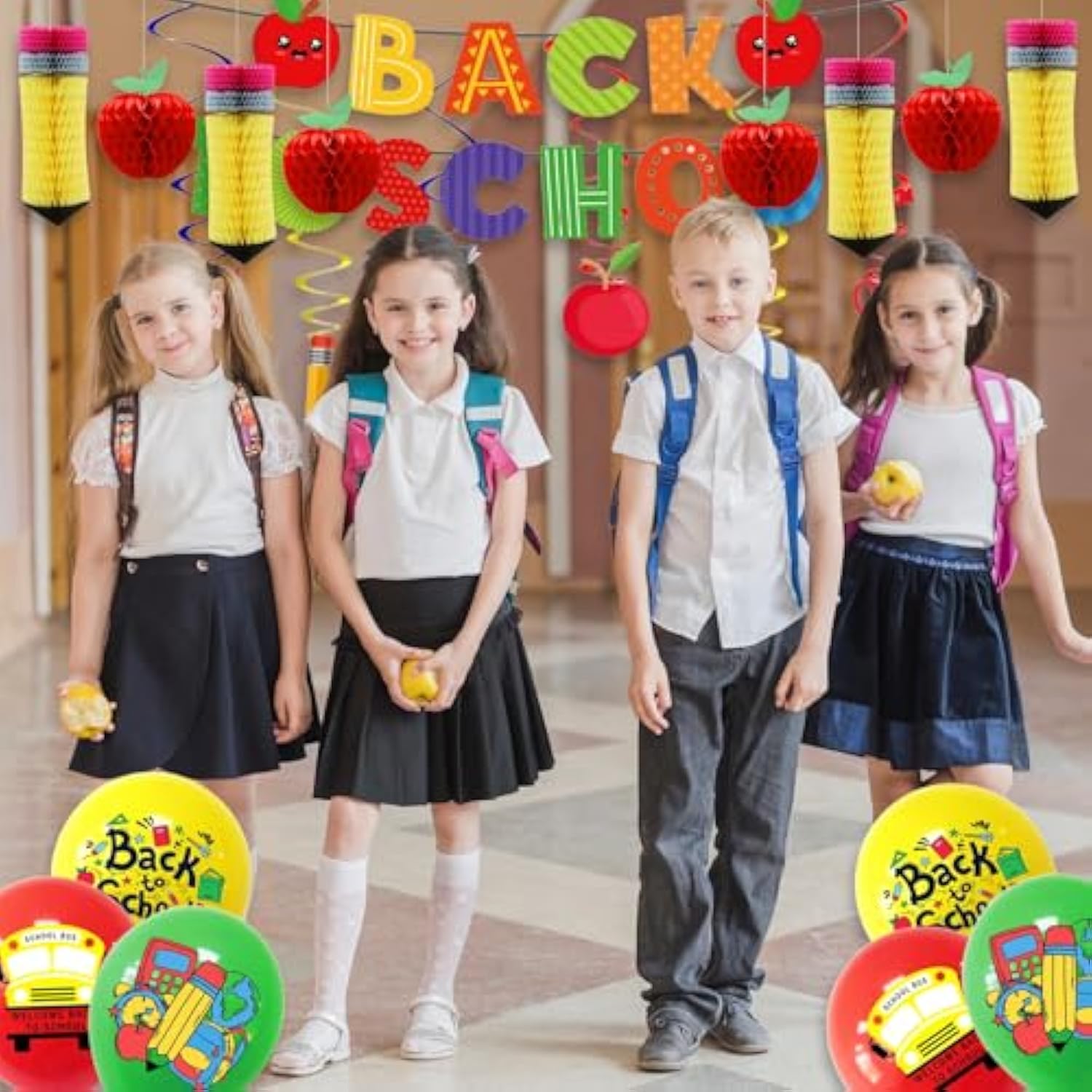 Back to School Decorations Set, Banner, Balloons, Swirls, Apple, Pencil Decor