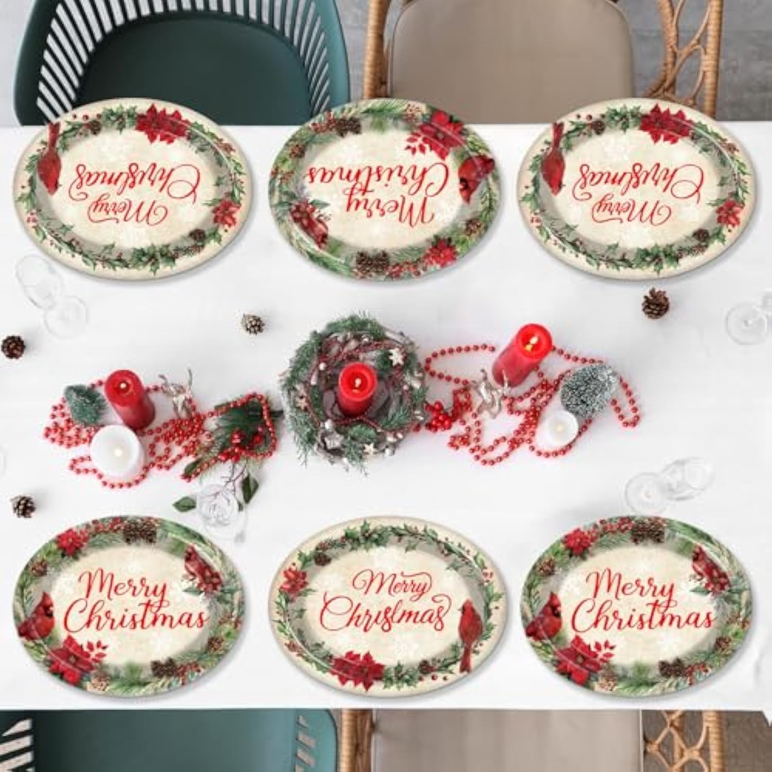 50Pcs Christmas Oval Plates Cardinal Bird Large Tableware Xmas Red Cardinal Merry Christmas Holly Berry 10'' X 12'' Disposable Dinnerware Dessert Plate For Poinsettia Party Winter Holiday Supplies