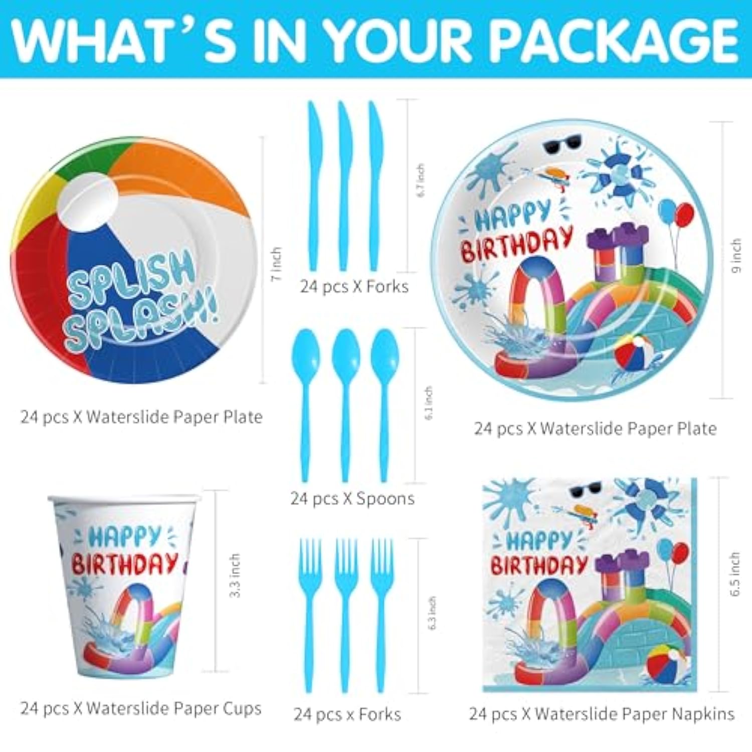 Water slide birthday party set with plates, cups, napkins, and cutlery for 24 guests