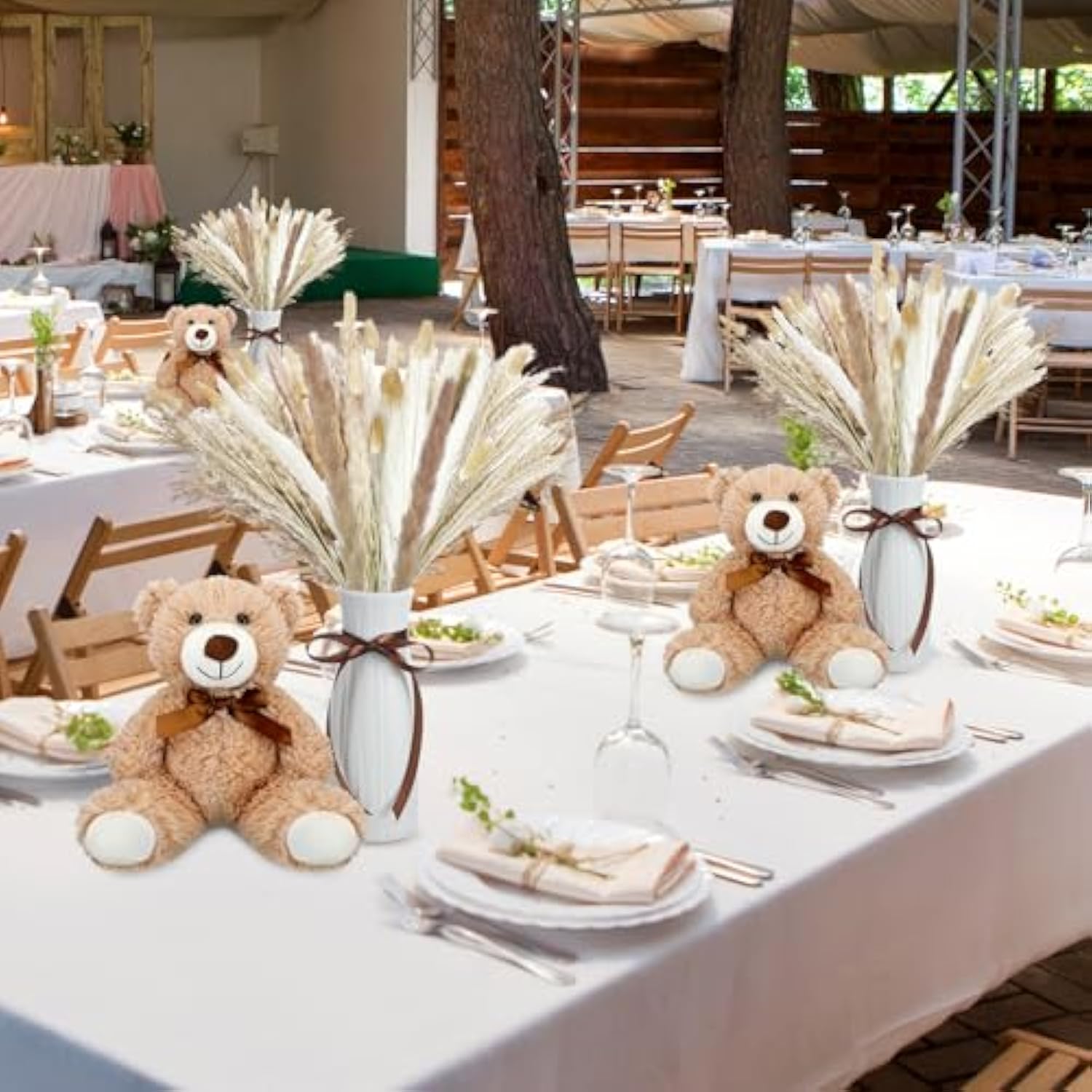 6 Sets 123 Pcs Baby Shower Table Centerpieces Dried Pampas Decor Bear Stuffed Ceramic Look Plastic Vase With Bow For Boho Wedding Bridal Shower Flowers Table Decorations(Blue,Boy)