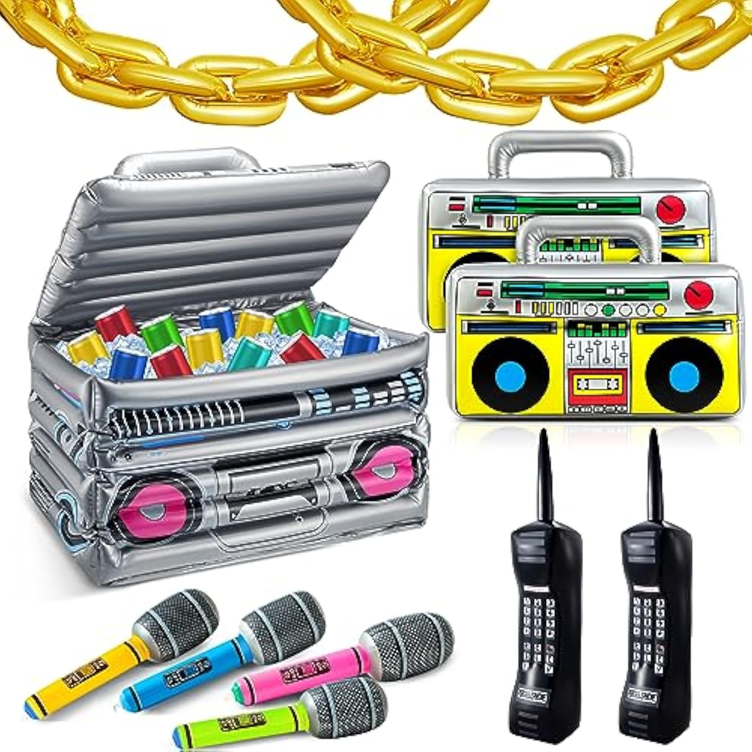 29 Pcs 80S 90S Party Decorations Include Inflatable Boom Box Beverage Cooler 20 Gold Foil Chain Balloons 2 Mobile Phones 2 Radio Boombox 4 Microphones For Hip Hop Theme Supplies Cosplay Props