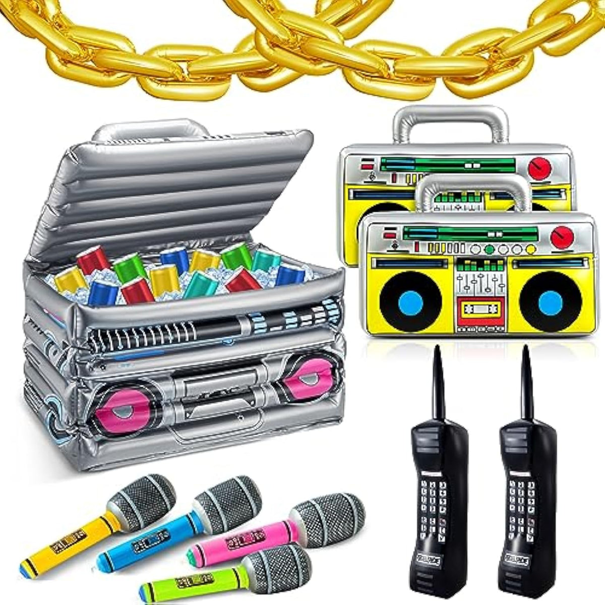 29 Pcs 80S 90S Party Decorations Include Inflatable Boom Box Beverage Cooler 20 Gold Foil Chain Balloons 2 Mobile Phones 2 Radio Boombox 4 Microphones For Hip Hop Theme Supplies Cosplay Props