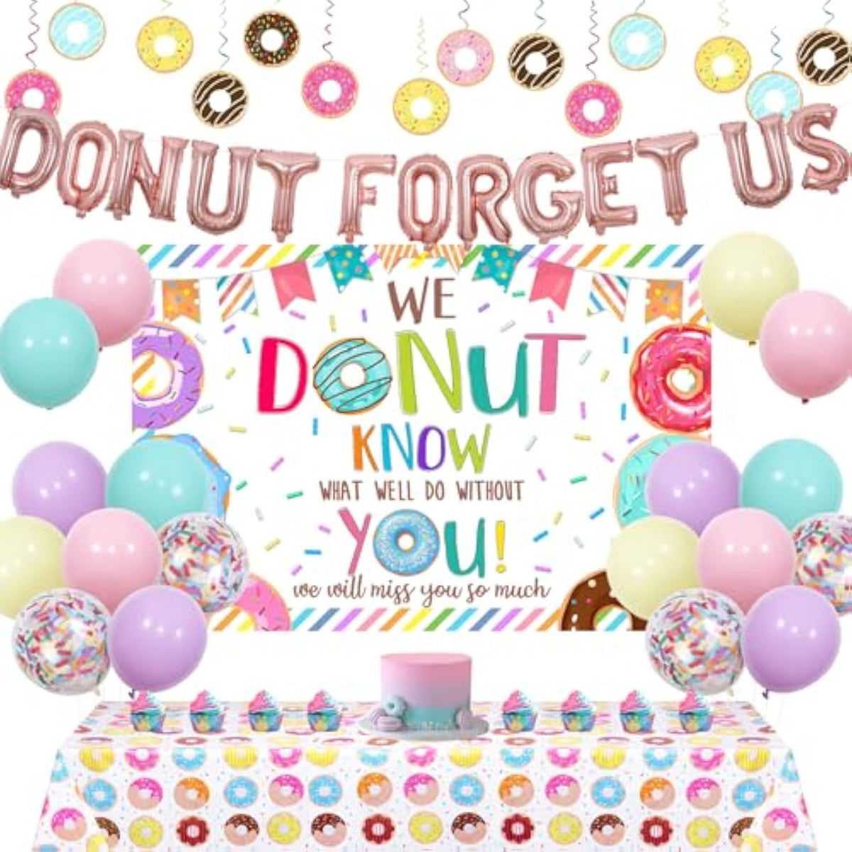 Donut Forget Us Party Decoration - Retirement Farewell Party Backdrop, Balloon Banner, Tablecloth, Hanging Swirl