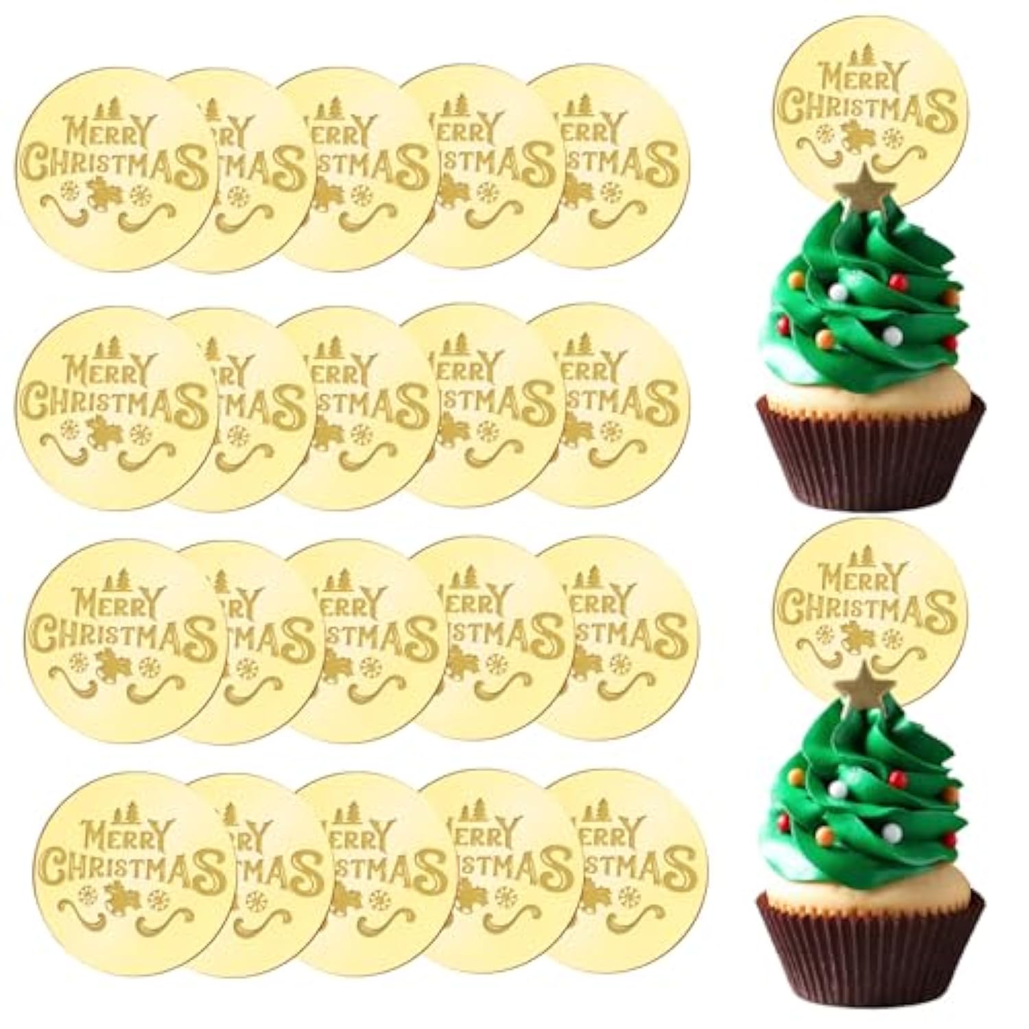 20Pcs Golden Cupcake Toppers Mirror Acrylic Merry Christmas Cake Signs Christmas Themed Cake Charm Round Cake Discs For Diy Decor Supplies