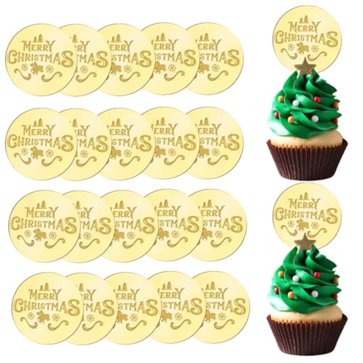 20Pcs Golden Cupcake Toppers Mirror Acrylic Merry Christmas Cake Signs Christmas Themed Cake Charm Round Cake Discs For Diy Decor Supplies