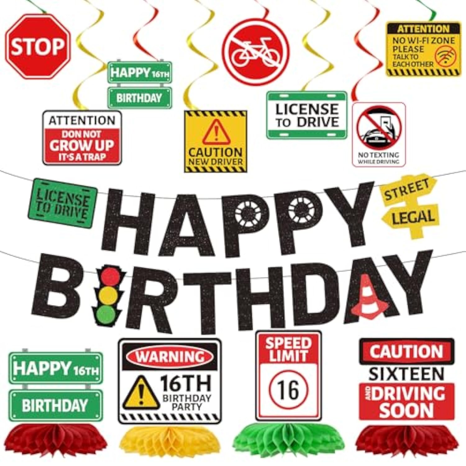 Driver License Birthday Party Decorations - 14Pcs 16Th Birthday Banner With Hanging Swirls Party Decoration Boys Car Theme Honeycomb Centerpieces Decor For Boys