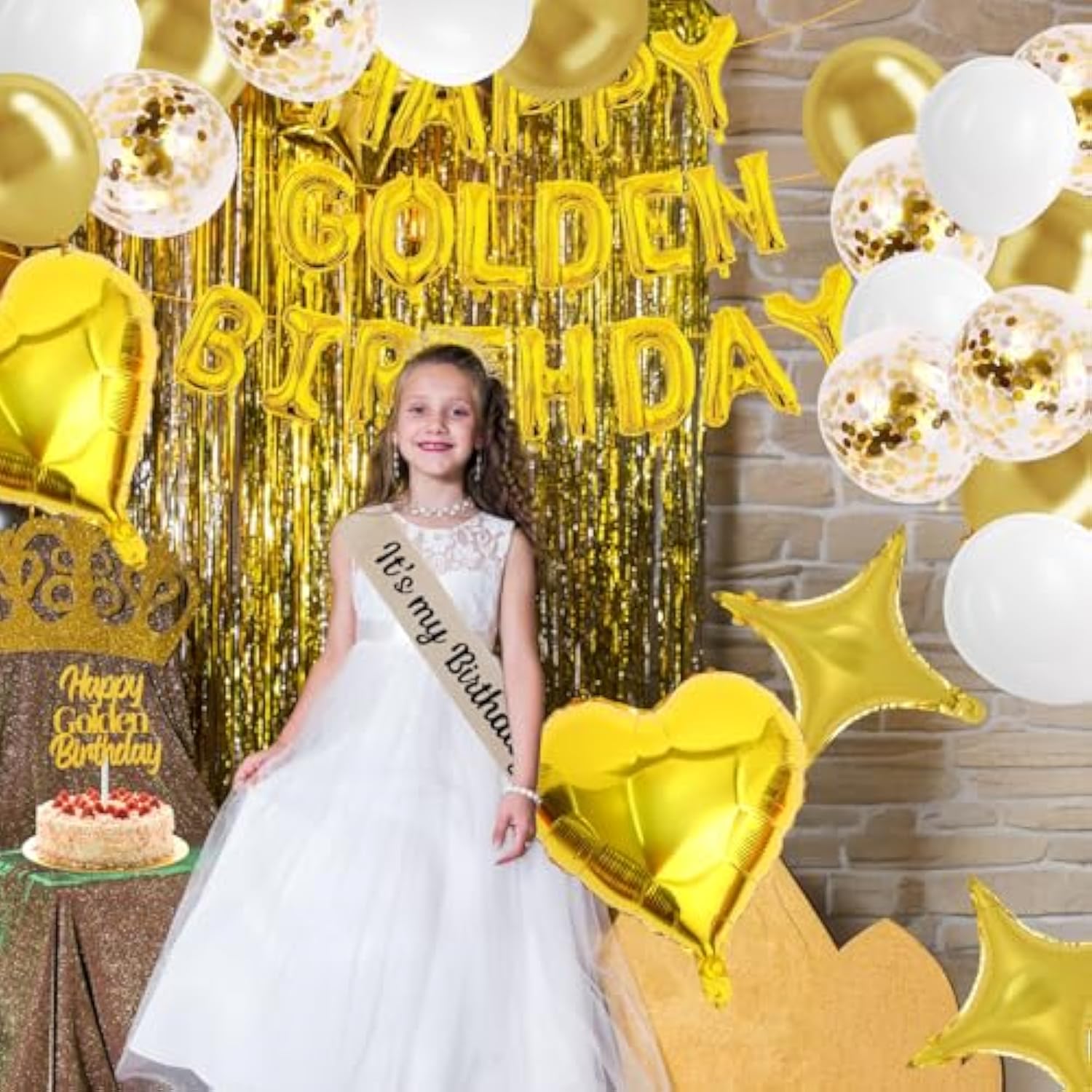 Golden Birthday Party Decorations Includes Happy Golden Birthday Banner,Foil Fringe Curtains,Latex Balloons,Cake Topper,Sash,Tiara