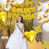 Golden Birthday Party Decorations Includes Happy Golden Birthday Banner,Foil Fringe Curtains,Latex Balloons,Cake Topper,Sash,Tiara