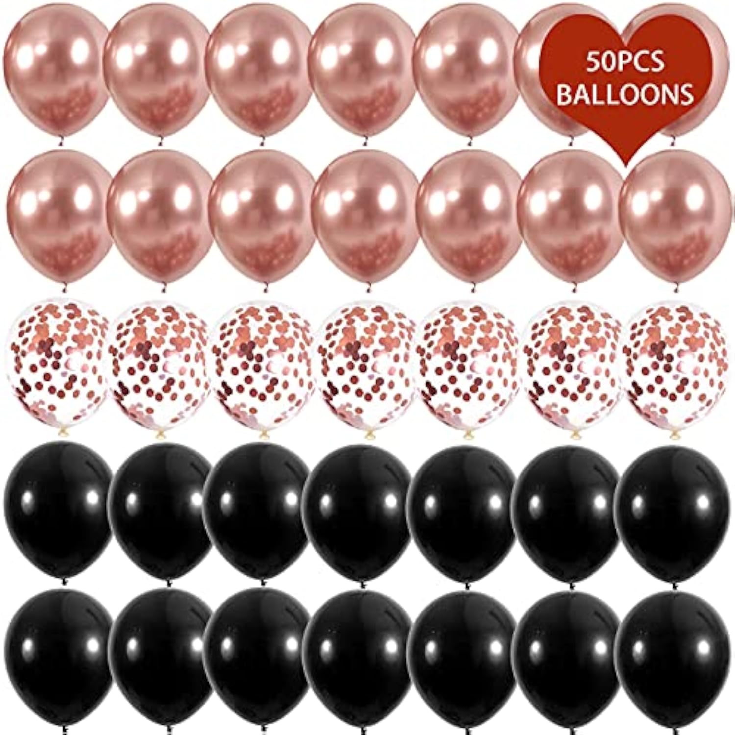 55Pcs Chrome Metallic Rose Gold & Black Confetti 12" Latex Balloons Party Decorations