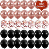 55Pcs Chrome Metallic Rose Gold & Black Confetti 12" Latex Balloons Party Decorations