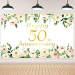 Elegant White 50Th Anniversary Backdrop, Polyester, Rose Gold Peony Design, Included Rope, For Couple Surprise, Wedding Supplies