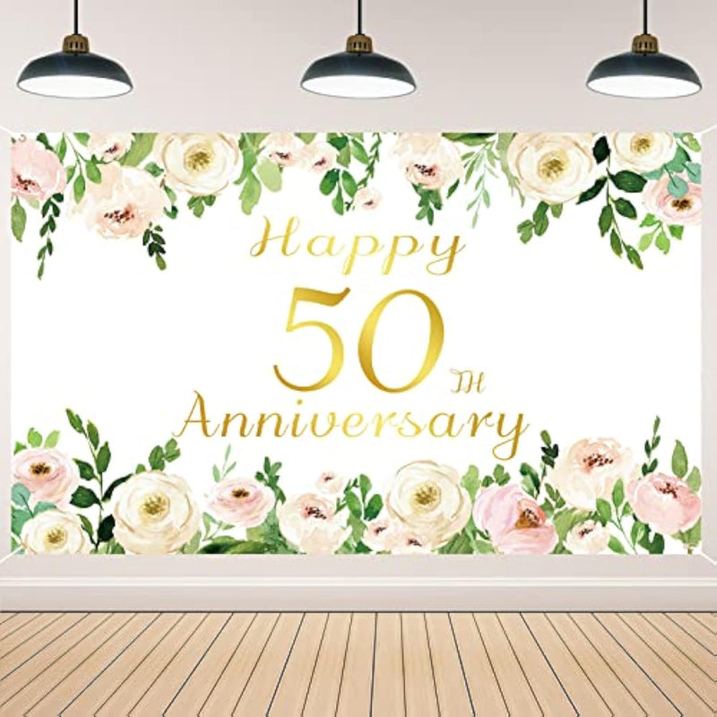Elegant White 50Th Anniversary Backdrop, Polyester, Rose Gold Peony Design, Included Rope, For Couple Surprise, Wedding Supplies