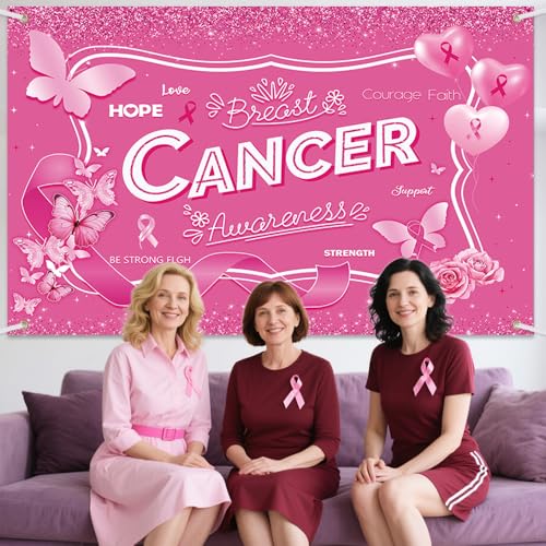 Breast Cancer Awareness Banner Backdrop October Breast Cancer Month Decorations Pink Ribbon Party Banner Butterfly Love Hope Faith Strength Party Charity Activities Fundraising 70.8x43.3inch