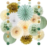 Sage Green Gold Party Decorations Pom Poms Paper Fans Garland Decor