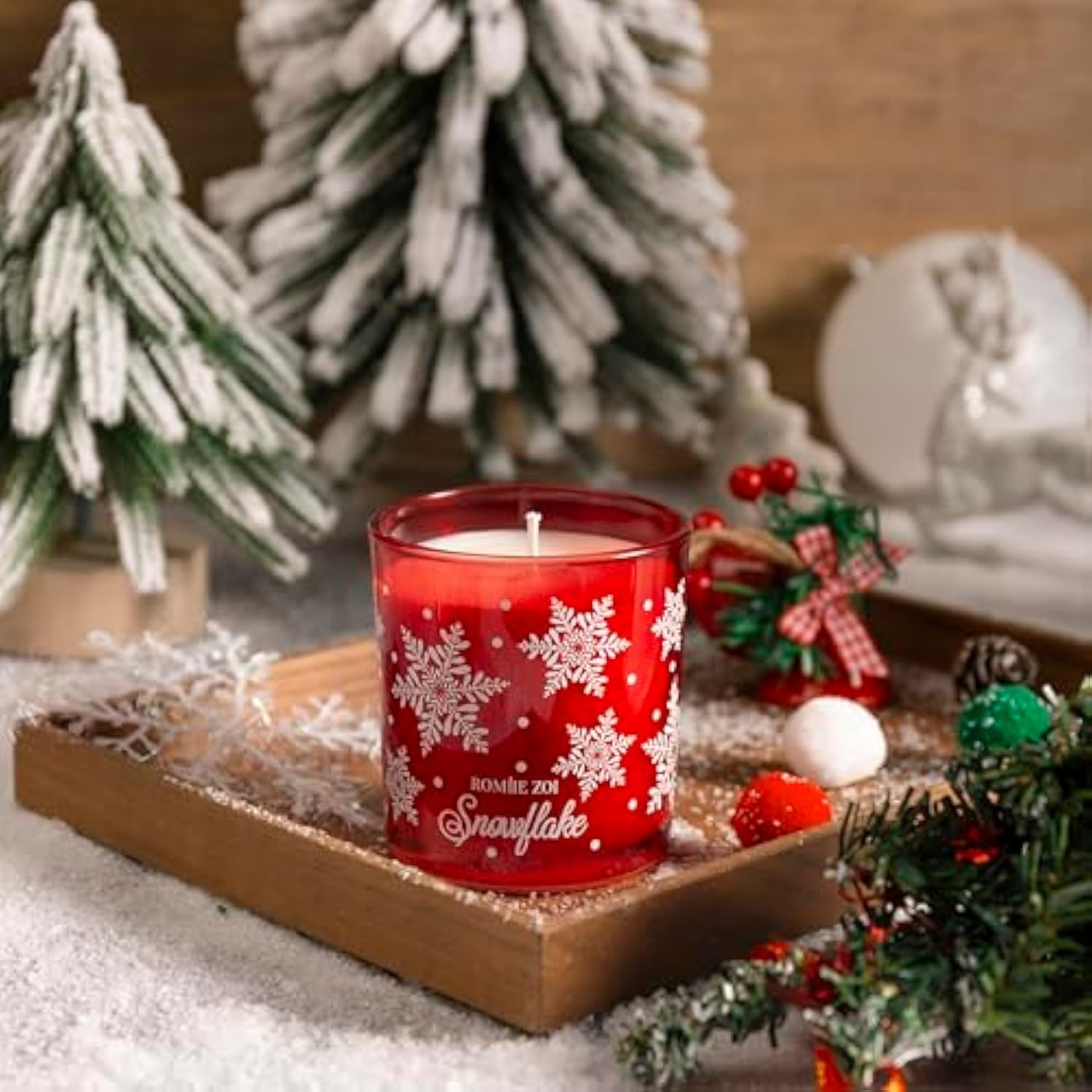 Christmas Scented Candle - 6Oz Soy Wax Candle, Snowflake, Infused With Frosty Snow & Pine Aroma - Scottish Plaid Red And Green Gift Box For Holiday Season Gift