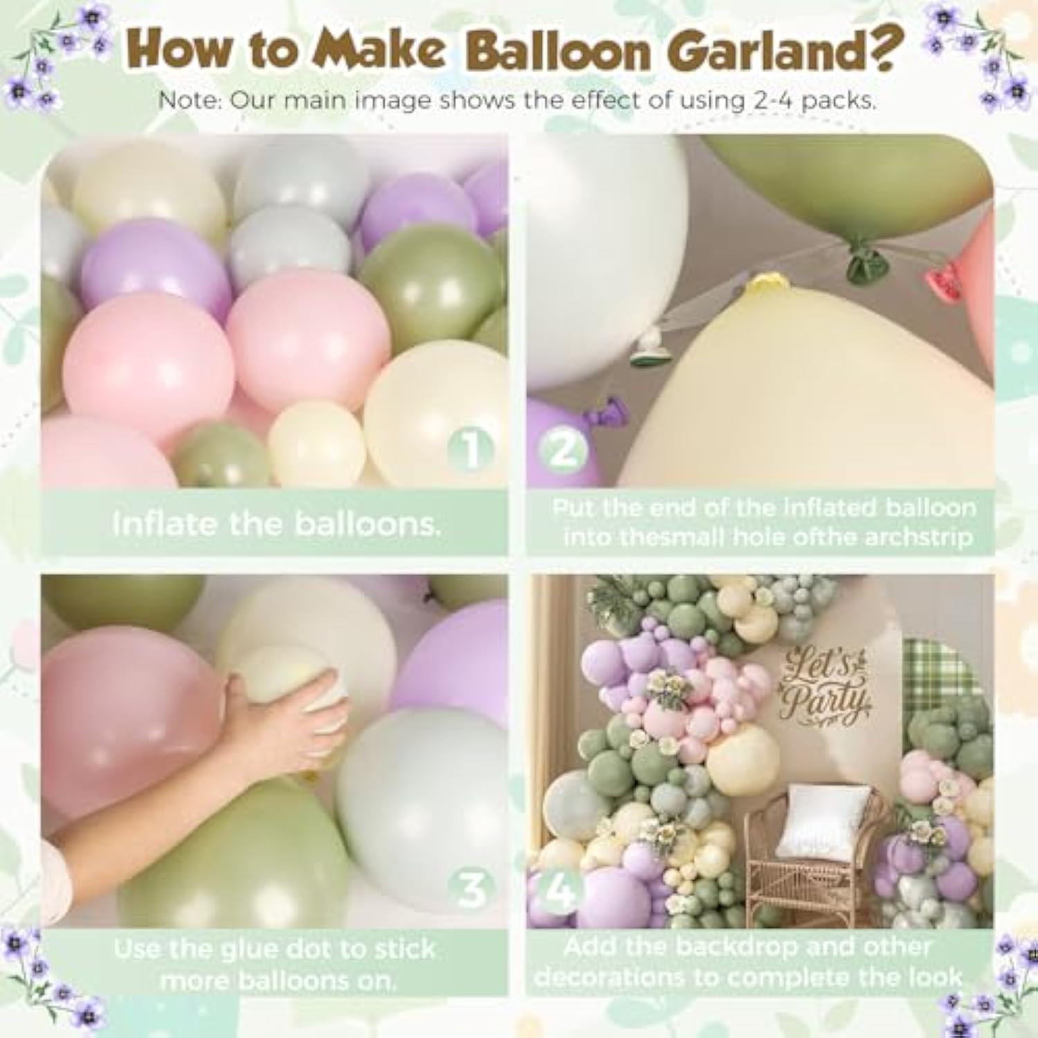 Pastel Balloon Arch Garland Kit 154Pcs, Double Stuffed Light Green Sage Green Purple Yellow Macaron Pink Balloons Arch Kit For Wildflower Baby Shower Wedding Birthday Party Decorations