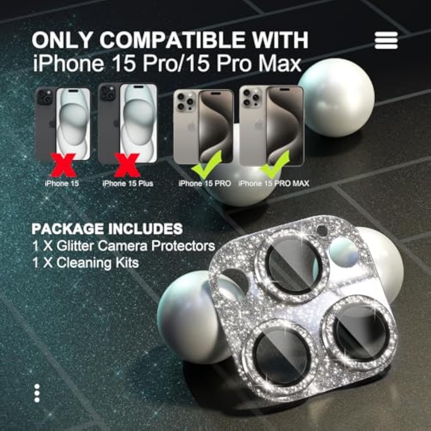 Compatible For Iphone 15 Pro/Iphone 15 Pro Max Camera Lens Protector, Bling Camera Cover With 9H Tempered Glass Lens Screen Protector Metal Ring Decoration Accessories (Glitter-Titanium Gold)