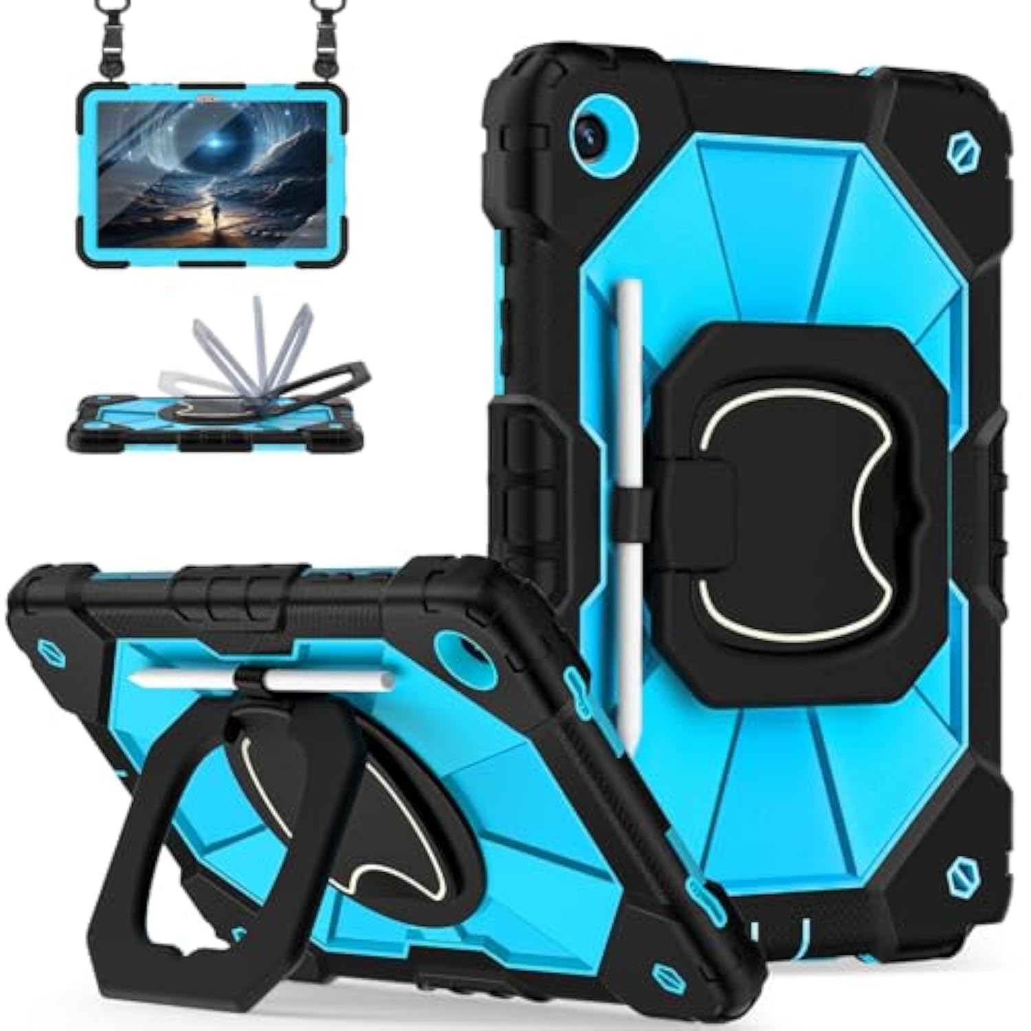 For Galaxy Tab A9 Plus Case 11 Inch, Rugged Case For Samsung Galaxy A9+ Tablet With Screen Protector 360 Rotating Stand Shoulder Strap Pen Holder, 2023 Model(Smx210/X216/218), Black Blue