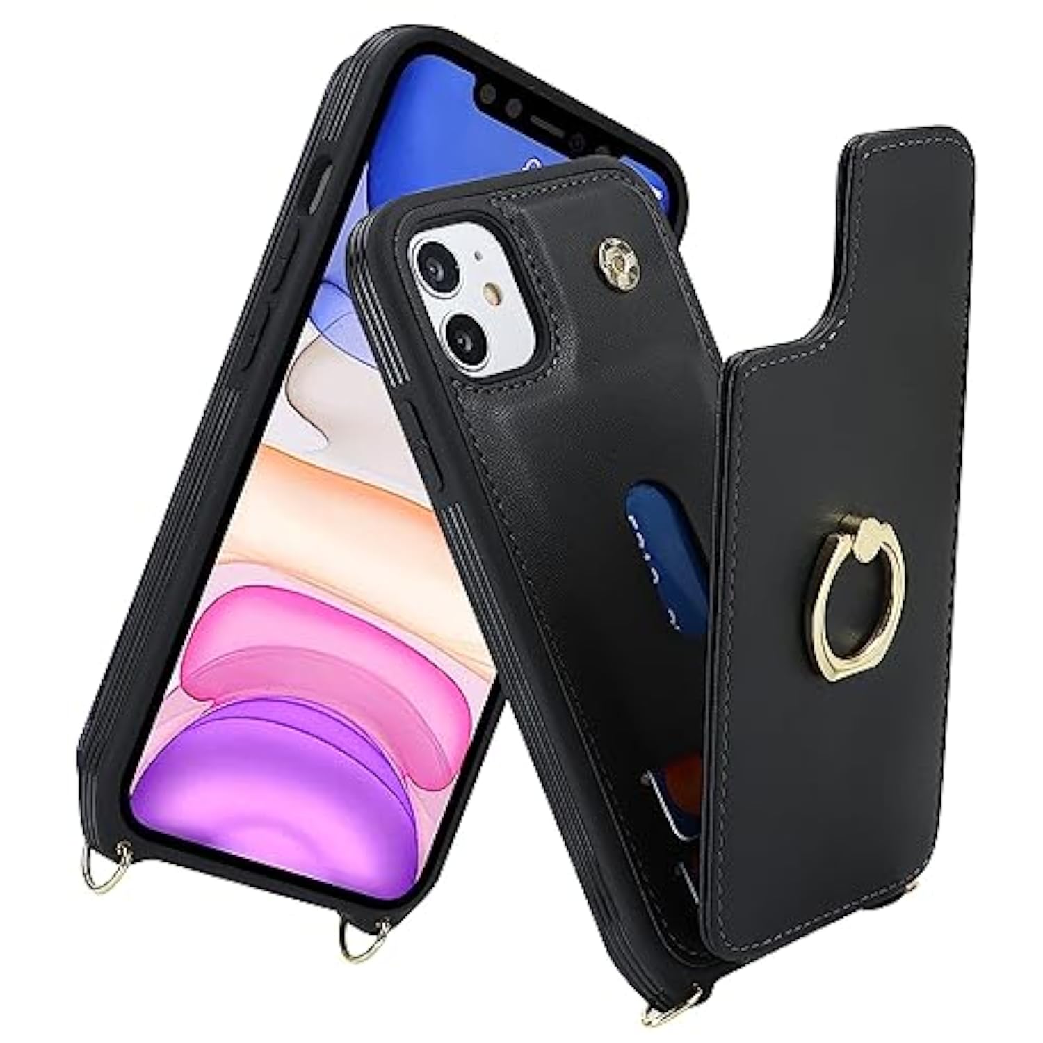 For Iphone 11 Phone Case With Card Holder And Strap For Women,Crossbody Lanyard,Kickstand Ring Stand,Snap Clasp,Phone Wallet Cases 6.1 Inch(Black)