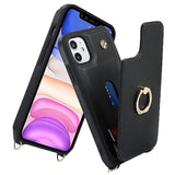 For Iphone 11 Phone Case With Card Holder And Strap For Women,Crossbody Lanyard,Kickstand Ring Stand,Snap Clasp,Phone Wallet Cases 6.1 Inch(Black)