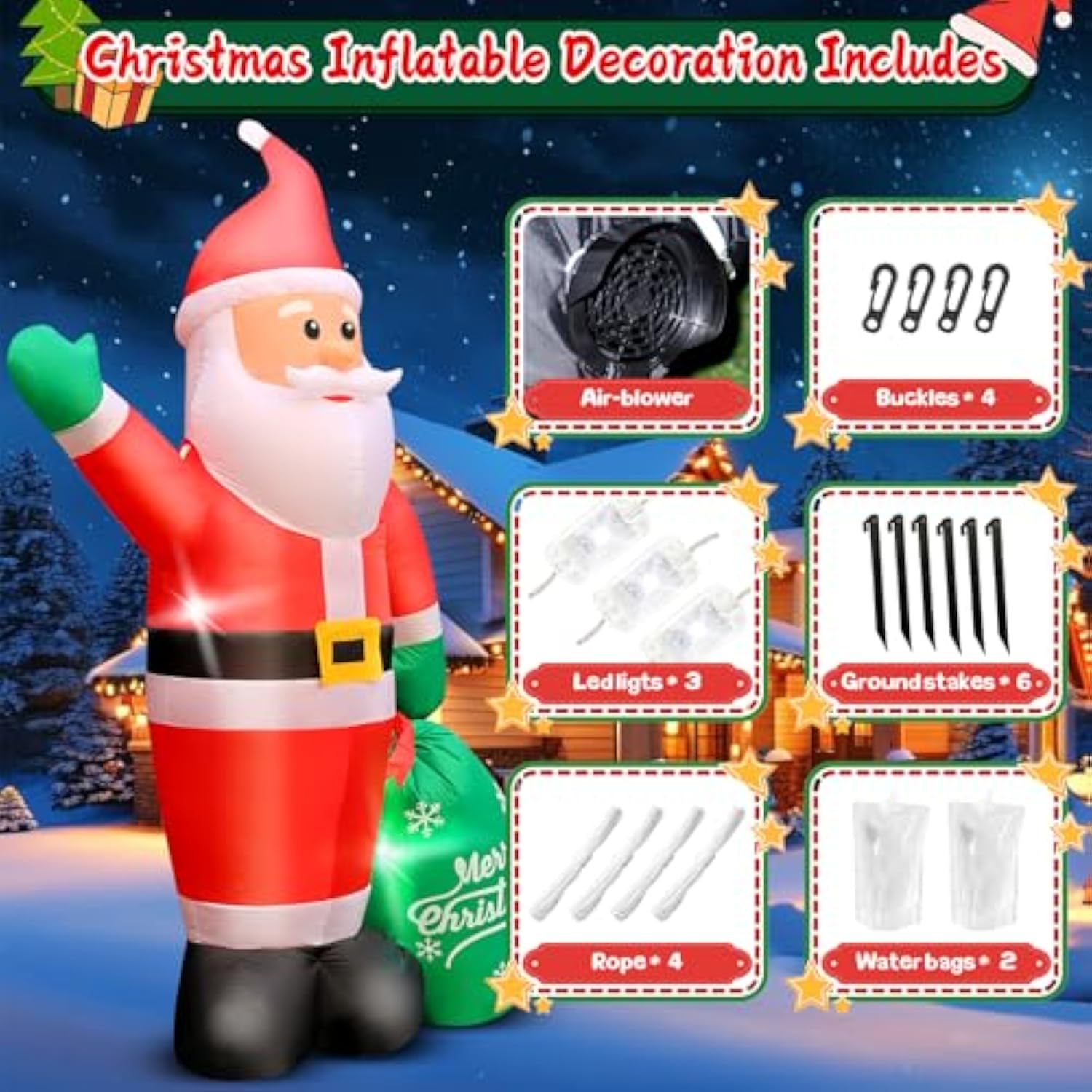 Christmas Inflatable Santa Outdoor Decoration: 8 Ft Blow Up Santa Claus Carry Gift Bag- Built-In Leds For Christmas Part