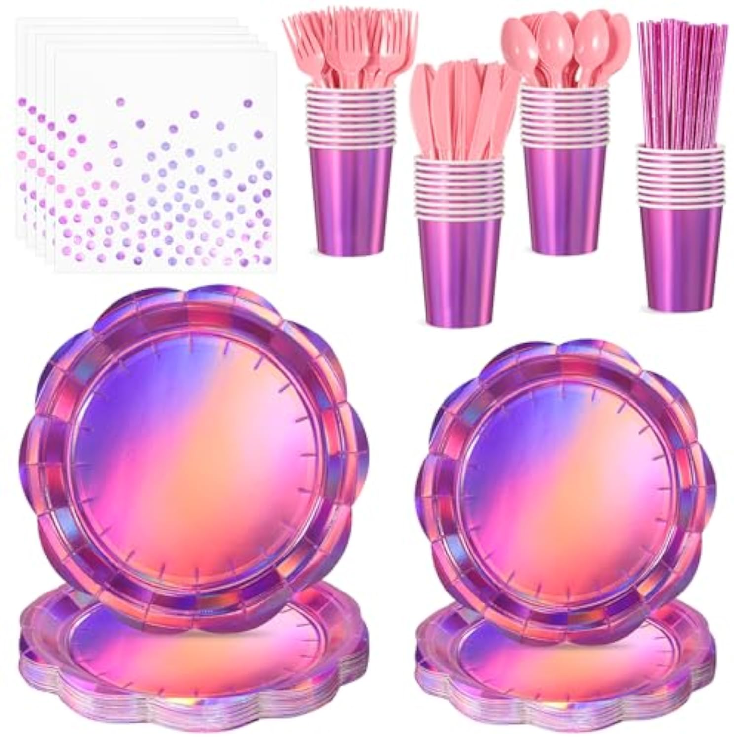 200PCS Pink Plates & Napkins Party Set for 25 Guests, Holographic Pink Decorations