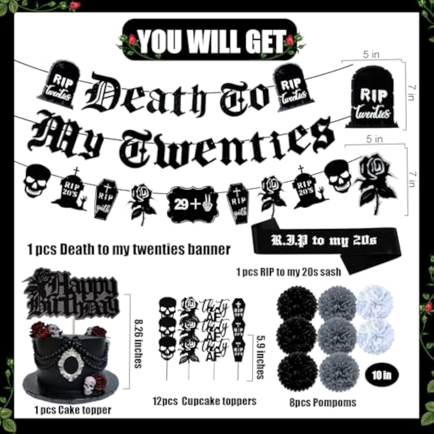 30Th Birthday Decorations Pack, Death To My 20S Party Supplies Including Birthday Banner Rip To My 20S Sash Number 30 Balloon Cake Cupcake Toppers Funeral For My Youth Funny Thirtieth Birthday Party