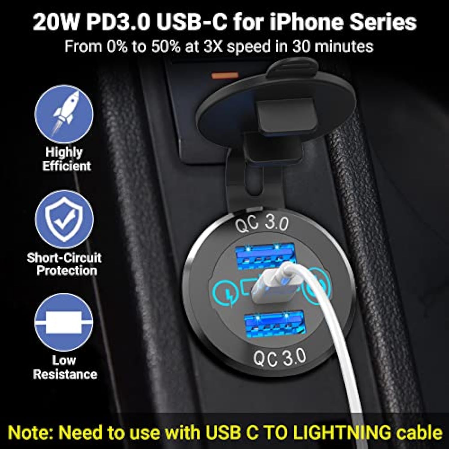 56W Usb C Car Charger Socket, Aluminum Metal 12V/24V Multiple Usb Outlet Pd 20W Usb-C And Dual Qc3.0 Ports With Power Switch Usb Port 12V Socket For Car Rv Boat Marine Truck Golf Motorcycle