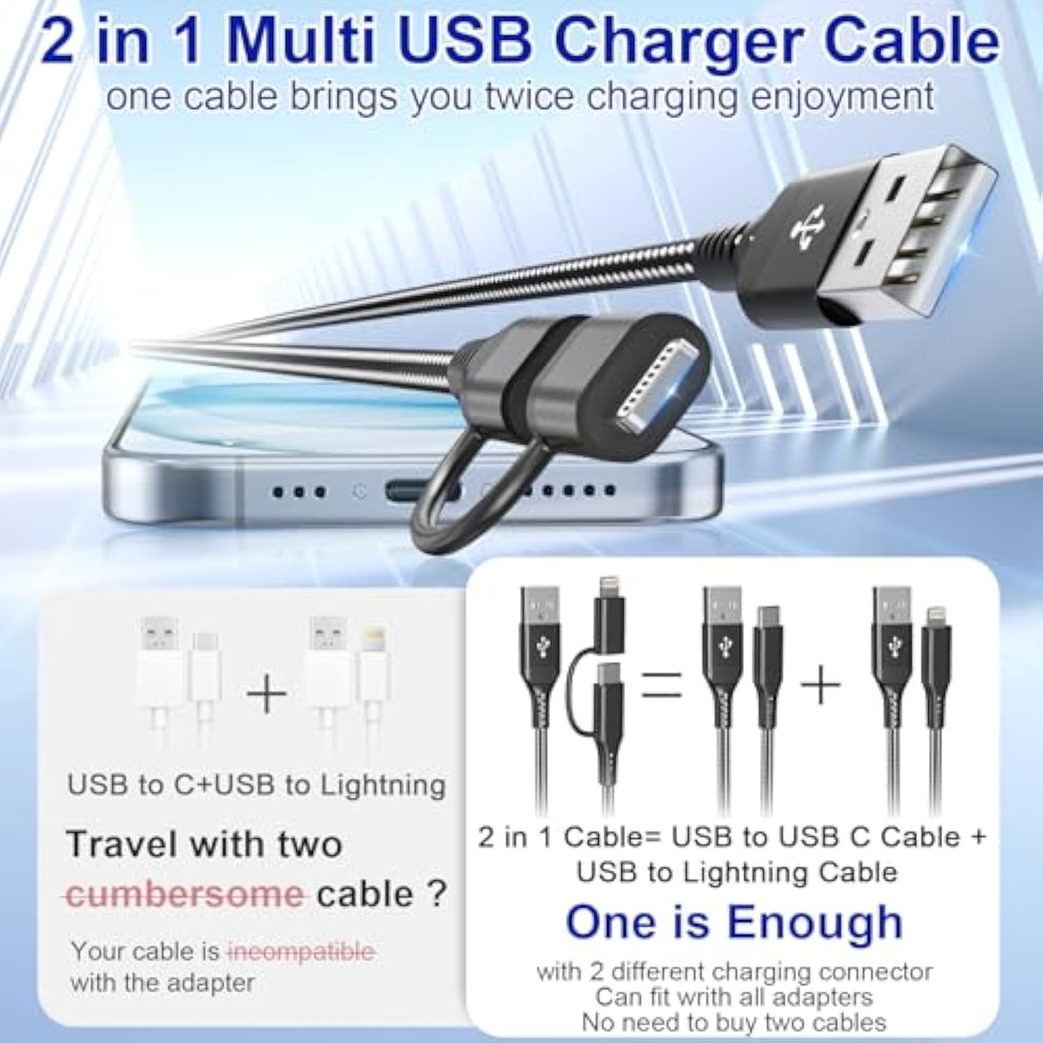 Usb To Usb-C And Lightning Cable Combo 6Ft, 2 In 1 Nylon Braided Iphone Charger Cable Apple Carplay & Android Auto, [Mfi & 3A Fast Charge] Multi Iphone Charging Cable Cord For Iphone 16/15/14/Android