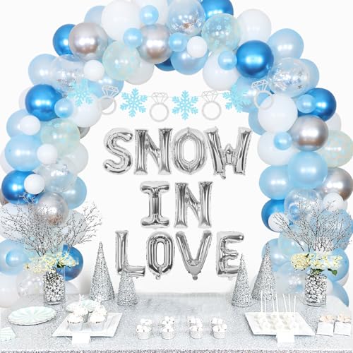 Winter Bridal Shower Decorations - Snow In Love Bridal Shower Decor Blue and Silver Balloon Garland Arch Kit, Snow in Love Foil Balloon, Snow and Ring Banner for Winter Wedding Engagement Party