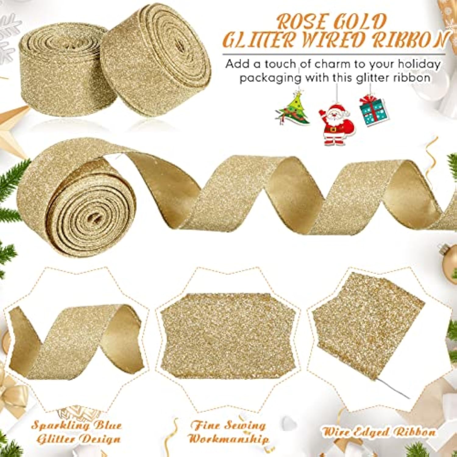 2 Roll 20 Yards Christmas Ribbon Wired Glitter Thick Ribbon Metallic W