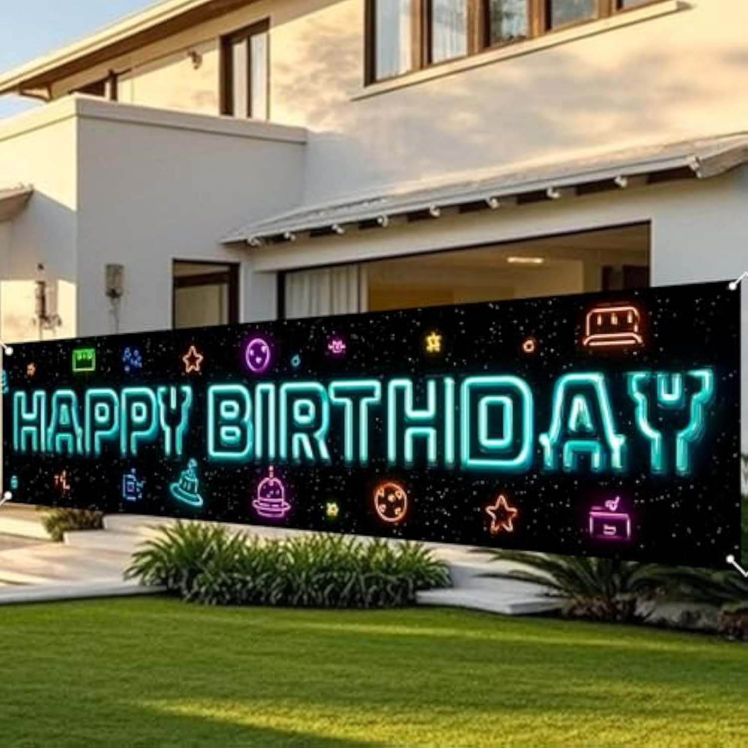 Happy Birthday Yard Banner - 78.7X17.7 Inch Neon Galaxy & Retro Arcade Icons Design, Outdoor/Indoor Giant Happy Birthday Yard Sign For Birthday Decor