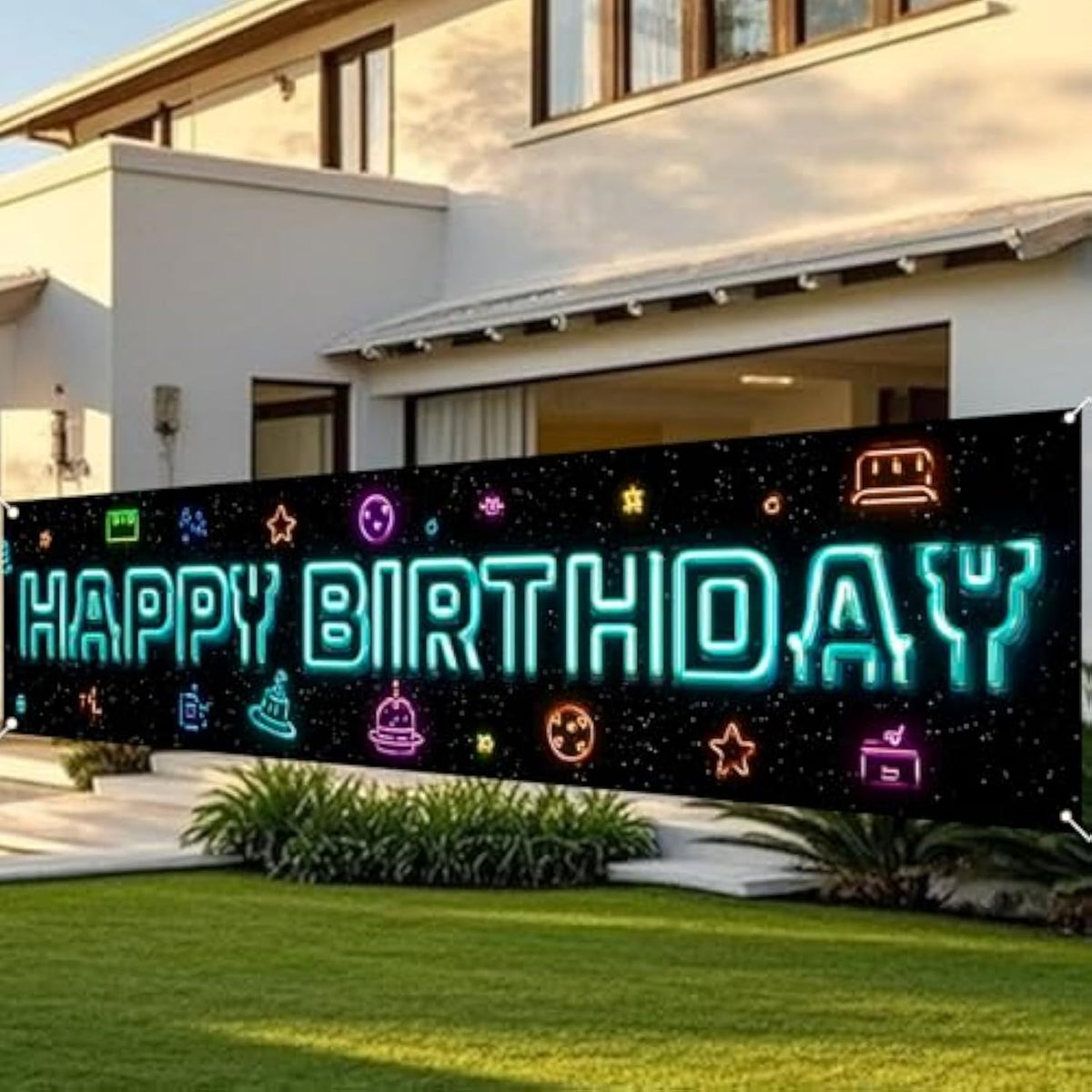 Happy Birthday Yard Banner - 78.7X17.7 Inch Neon Galaxy & Retro Arcade Icons Design, Outdoor/Indoor Giant Happy Birthday Yard Sign For Birthday Decor