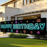 Happy Birthday Yard Banner - 78.7X17.7 Inch Neon Galaxy & Retro Arcade Icons Design, Outdoor/Indoor Giant Happy Birthday Yard Sign For Birthday Decor