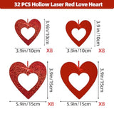 32 Pcs Pre-Assembled Hollow Laser Red Love Heart Hanging Swirl Decoration, Valentine'S Day Heart Hanging Swirls, Wedding Party Decorations, Ceiling Hanging Streamers For Wedding Anniversary Supplies