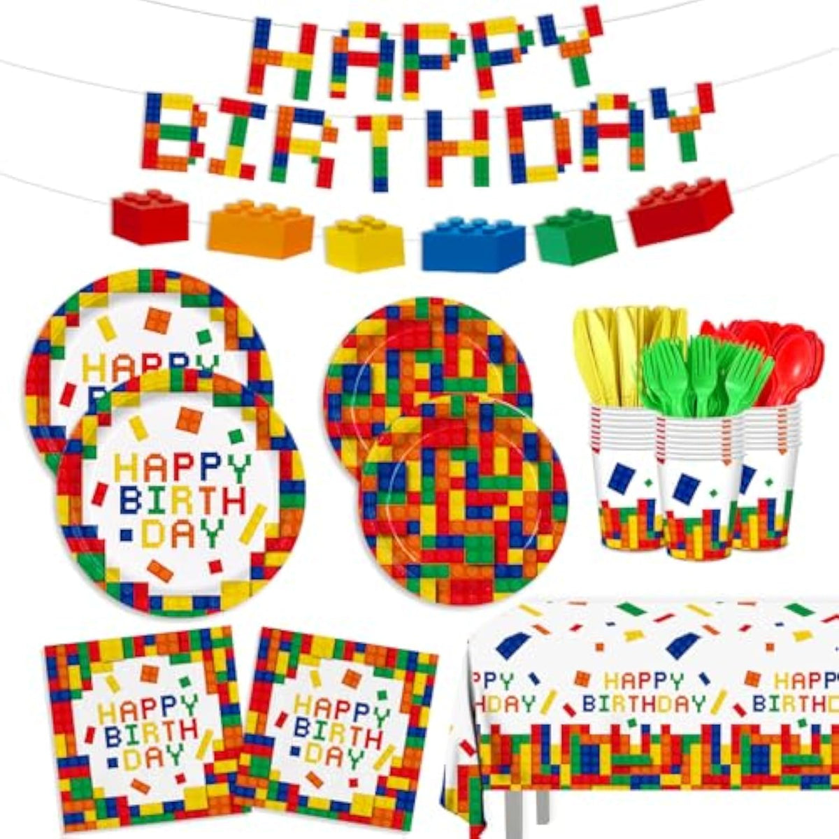 170Pcs Building Block Plates Napkins Birthday Party Supplies Colorful Building Block Party Decorations Banner Tablecloth Cups Party Tableware Set Boys Kid’S Serve 24