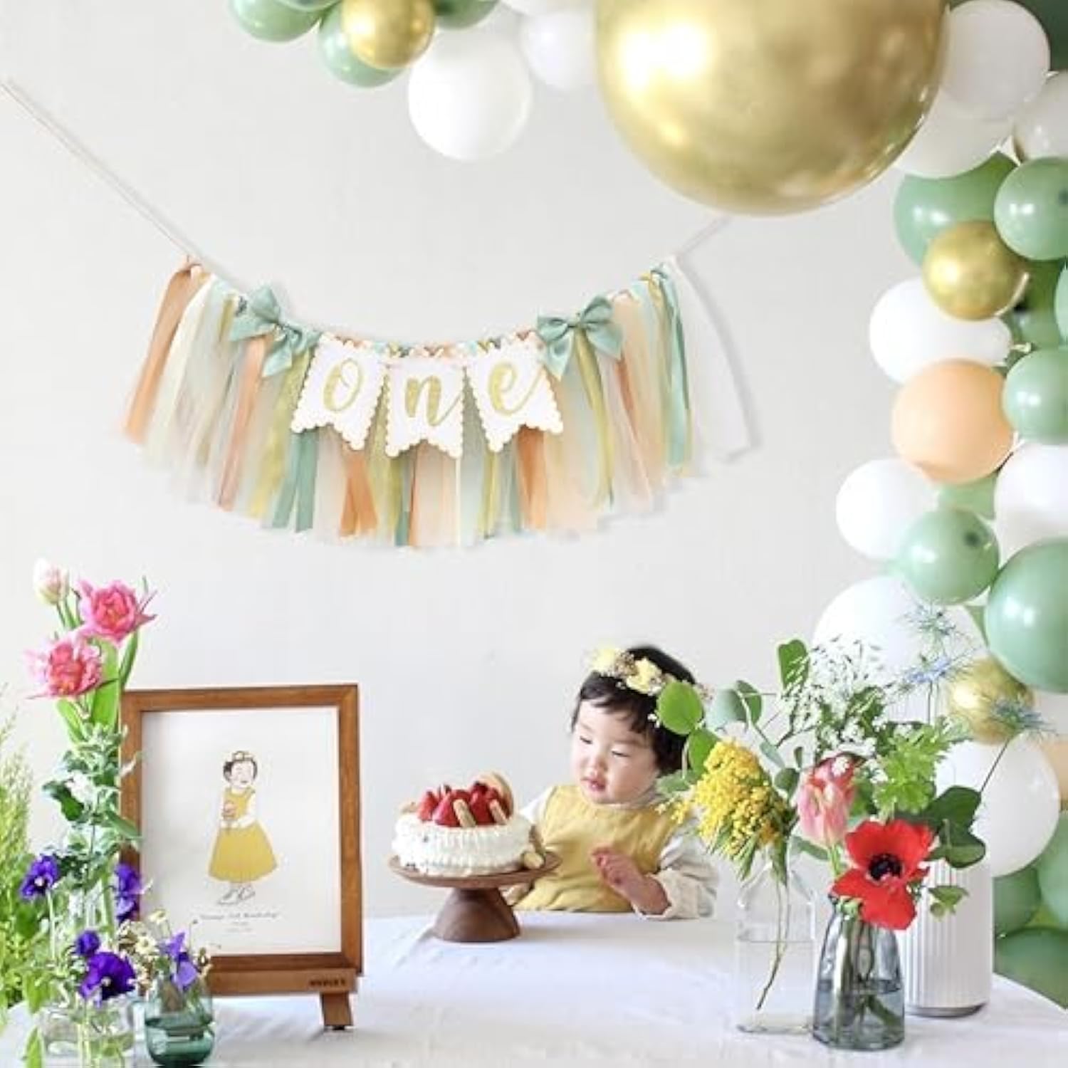 Sage Green One High Chair Banner - Simple 1St Birthday Party Decorations,First Birthday Highchair Garland For Cake Smash,Sage Green Gold Ivory Ribbon Banner,Rustic Party Photo Backdrop