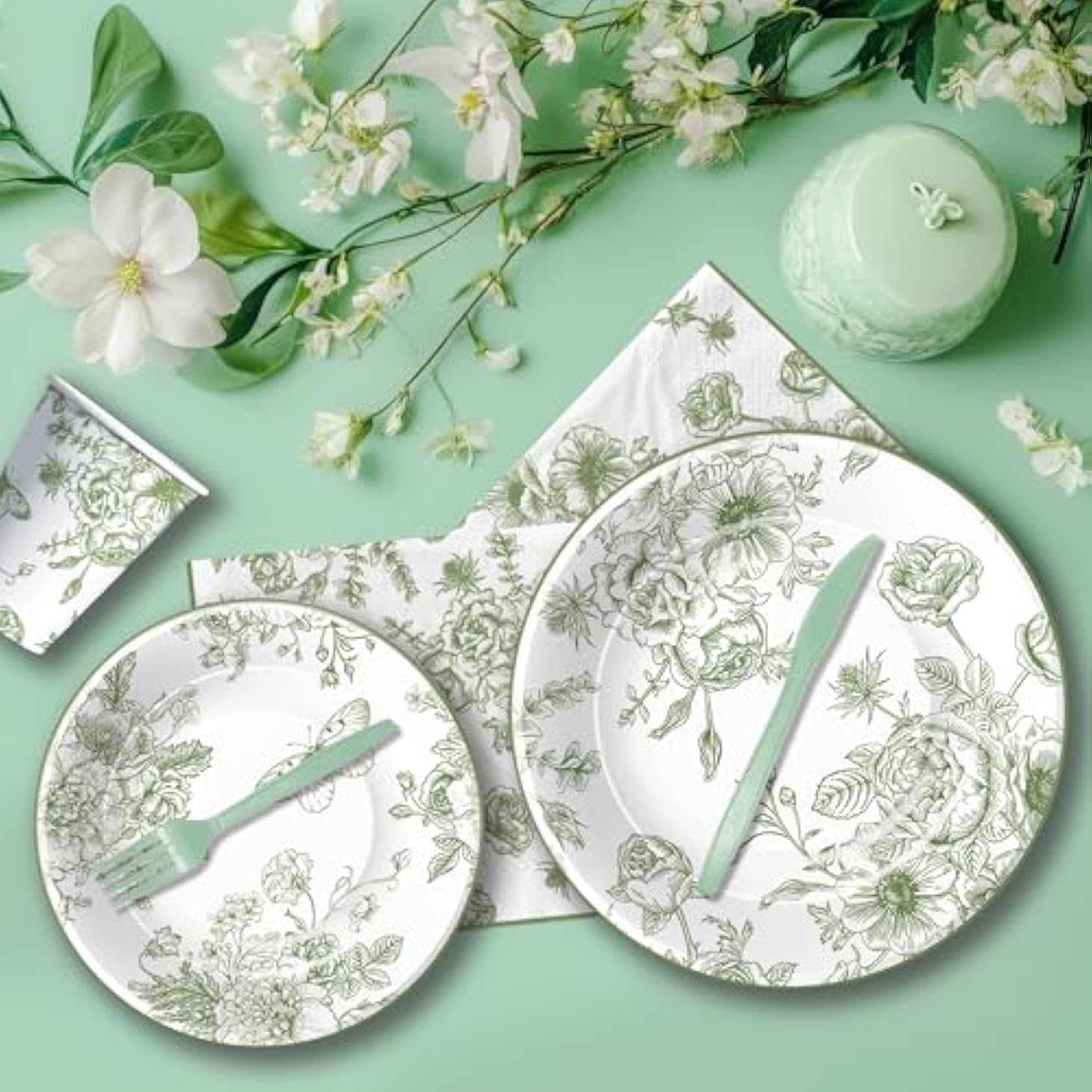 Sage Green Floral Paper Plates And Napkins Decorations, Elegant Green White Toile Chinoiserie Flower Party Supplies, Plate, Napkin, Cup, Cutlery, For Birthday Baby Bridal Shower Wedding, 24 Set