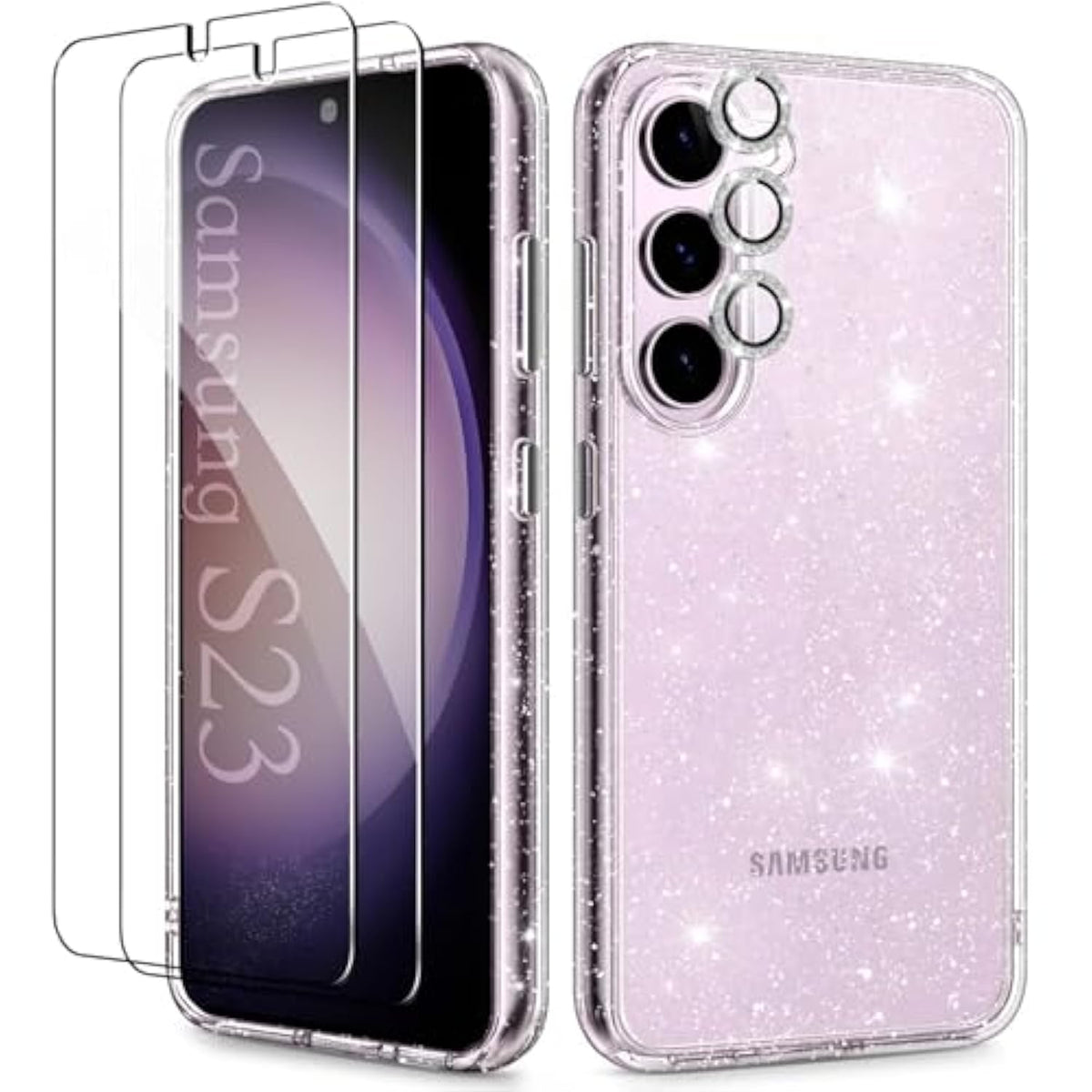 Glitter Clear Case For Samsung Galaxy S23 5G With Diamond Sparkle Camera Lens Protector And 2 Packs Tempered Glass Screen Protector, Sparkly Shockproof Protective Girls Cover (For Samsung S23)