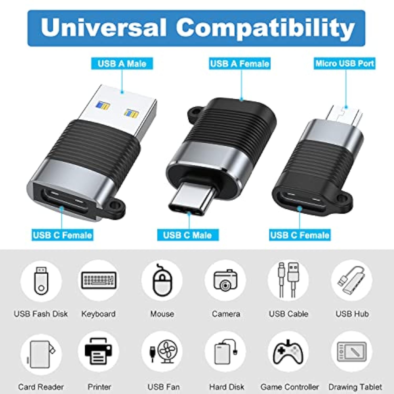 Usb C Adapter (6 Pack), Micro Usb Male To Usb C Female, Usb 3.0 Male To Usb C Female, Usb Type-C Male To Usb 3.0 Female Converter Connector