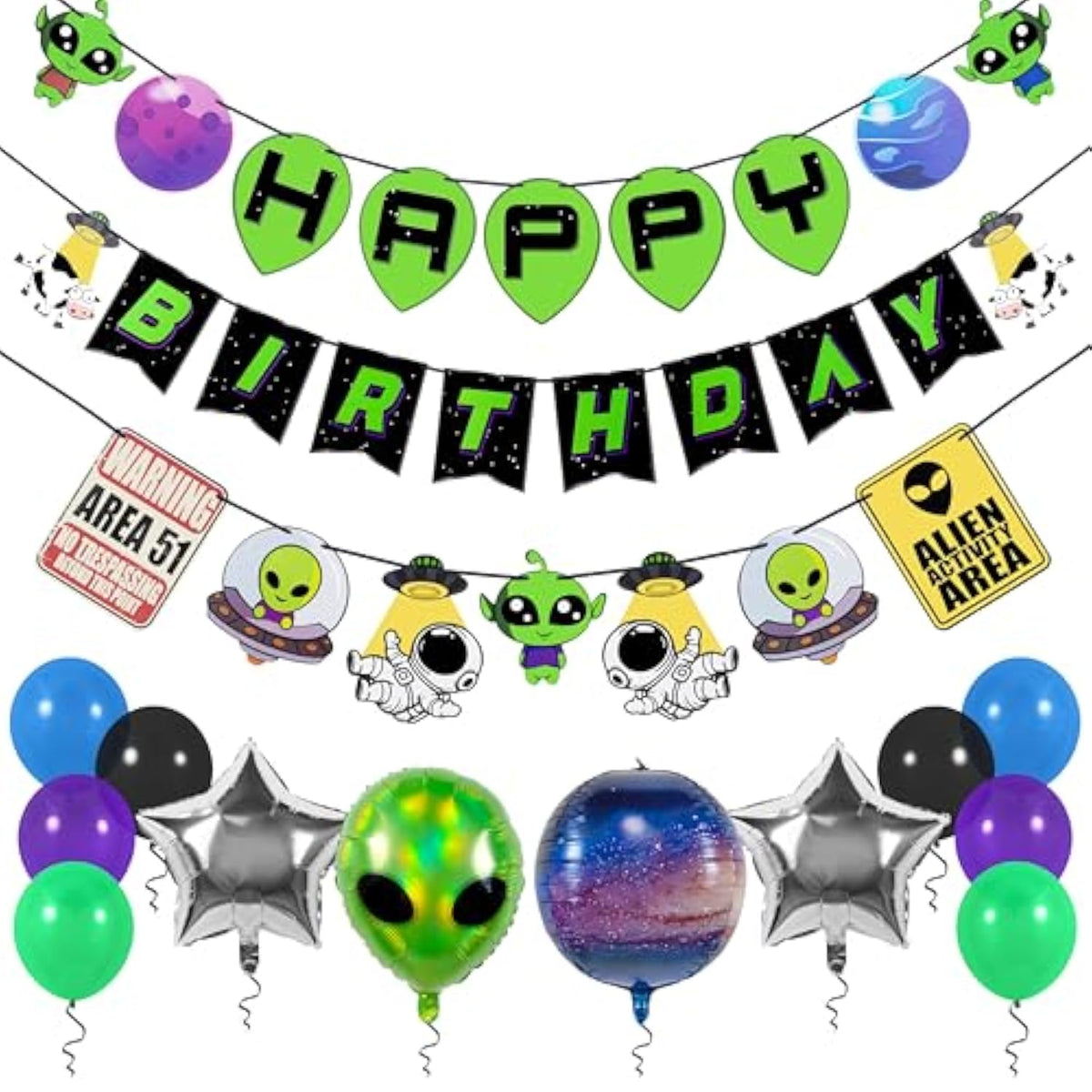 Alien & UFO Birthday Party Decorations Set with Banner and Space-Themed Supplies