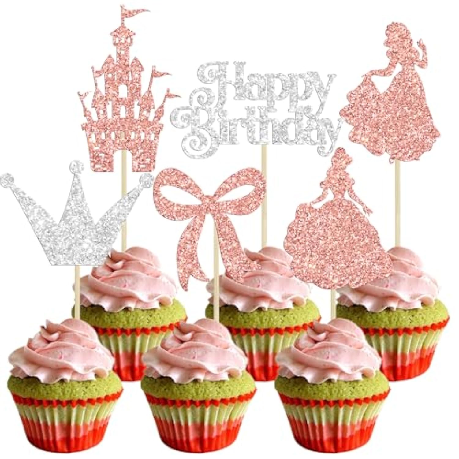 24Pcs Frozen Princess Cupcake Toppers Glitter Castle Bowknot Happy Birthday Cake Topper Decorations For Princess Happy Birthday Baby Shower New Year Party Supplies Rose Gold Silver