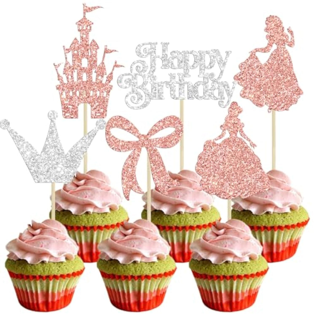 24Pcs Frozen Princess Cupcake Toppers Glitter Castle Bowknot Happy Birthday Cake Topper Decorations For Princess Happy Birthday Baby Shower New Year Party Supplies Rose Gold Silver